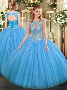 Vintage Sleeveless Floor Length Beading Lace Up Military Ball Dresses For Women with Baby Blue