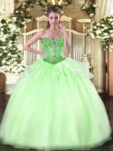 Excellent Apple Green Organza Lace Up Quince Ball Gowns Sleeveless Floor Length Beading
