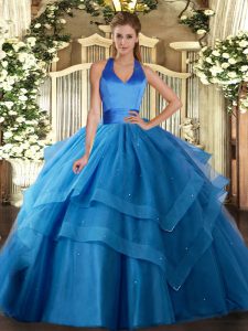Blue Tulle Lace Up Halter Top Sleeveless Floor Length 15th Birthday Dress Ruffled Layers