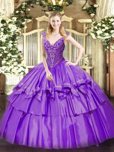 Smart V-neck Sleeveless Organza and Taffeta Quinceanera Dress Beading and Ruffled Layers Lace Up