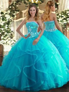 Sleeveless Floor Length Beading and Ruffles Lace Up Military Ball Gown with Aqua Blue