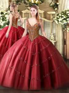Sleeveless Tulle Floor Length Lace Up Sweet 16 Quinceanera Dress in Red with Beading and Appliques