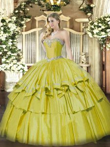 Romantic Sleeveless Organza and Taffeta Floor Length Lace Up 15th Birthday Dress in Yellow with Beading and Ruffled Layers
