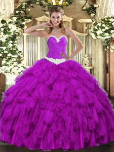 Organza Sweetheart Sleeveless Lace Up Appliques and Ruffles Sweet 16 Quinceanera Dress in Purple