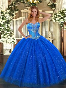 Ball Gowns Quince Ball Gowns Royal Blue Sweetheart Tulle and Sequined Sleeveless Floor Length Lace Up