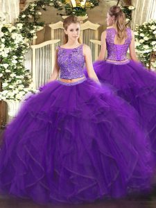 Scoop Sleeveless Tulle Quinceanera Dress Beading and Ruffles Lace Up