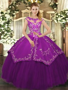 Ideal Eggplant Purple Satin and Tulle Lace Up Military Ball Dresses For Women Cap Sleeves Floor Length Embroidery