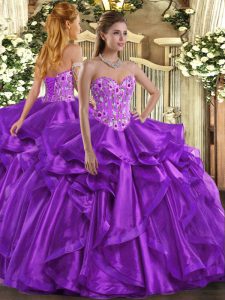 Hot Selling Organza Sweetheart Sleeveless Lace Up Embroidery and Ruffles Sweet 16 Dresses in Eggplant Purple
