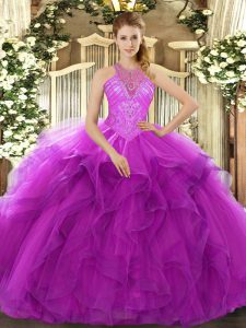 Fuchsia Womens Party Dresses Military Ball and Sweet 16 with Beading and Ruffles High-neck Sleeveless Lace Up