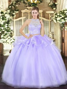 Lavender Two Pieces Scoop Sleeveless Tulle Floor Length Zipper Lace Sweet 16 Quinceanera Dress