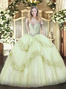 High End Yellow Green Ball Gowns Tulle Sweetheart Sleeveless Beading and Appliques Floor Length Lace Up Sweet 16 Dress