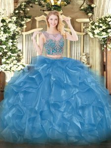 Baby Blue Lace Up Scoop Beading and Ruffles Quinceanera Gowns Organza Sleeveless