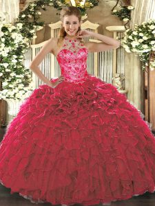 Best Red Ball Gowns Halter Top Sleeveless Organza Floor Length Lace Up Beading and Ruffles Ball Gown Prom Dress