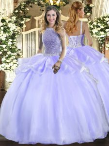 Most Popular Lavender Quinceanera Gown Military Ball and Sweet 16 and Quinceanera with Beading Square Sleeveless Lace Up