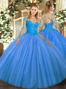 Comfortable Baby Blue Ball Gowns Scoop Long Sleeves Tulle Floor Length Lace Up Lace Quinceanera Gown