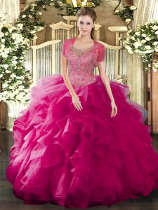Admirable Sleeveless Floor Length Beading and Ruffled Layers Clasp Handle Sweet 16 Quinceanera Dress with Fuchsia