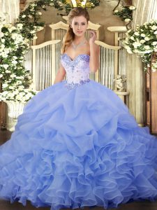 Fine Lavender Organza Lace Up Sweetheart Sleeveless Floor Length Vestidos de Quinceanera Beading and Ruffles and Pick Ups
