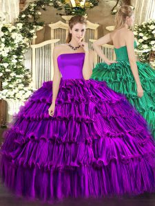 Strapless Sleeveless 15 Quinceanera Dress Floor Length Ruffled Layers Purple Organza