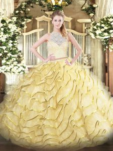 Luxury Sleeveless Tulle Brush Train Zipper Sweet 16 Quinceanera Dress in Gold with Lace and Ruffles