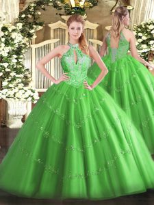 Great Halter Top Sleeveless Quinceanera Gown Floor Length Beading Tulle