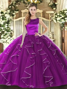 Ideal Floor Length Lace Up 15 Quinceanera Dress Eggplant Purple for Military Ball and Sweet 16 and Quinceanera with Ruffles