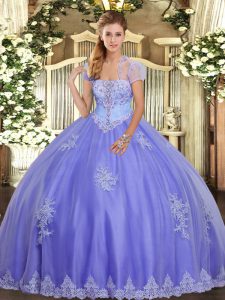 Floor Length Lavender Quince Ball Gowns Tulle Sleeveless Appliques