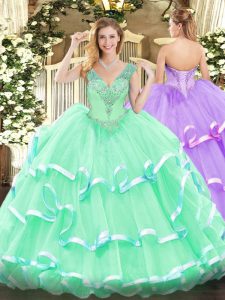 Apple Green Ball Gowns Organza V-neck Sleeveless Beading Floor Length Lace Up Vestidos de Quinceanera