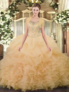 Shining Sleeveless Floor Length Beading and Ruffled Layers Clasp Handle Sweet 16 Dress with Champagne