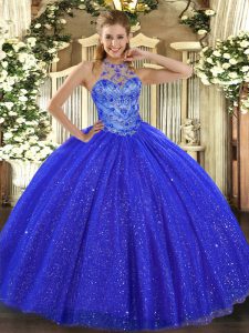 Royal Blue Sleeveless Floor Length Beading and Embroidery Lace Up 15 Quinceanera Dress