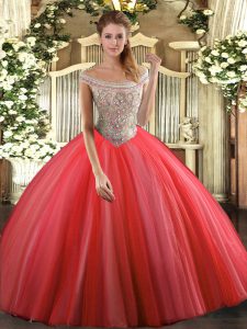 Ball Gowns Sweet 16 Quinceanera Dress Coral Red Off The Shoulder Tulle Sleeveless Floor Length Lace Up