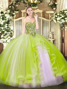 Glittering Sweetheart Sleeveless Quinceanera Gowns Floor Length Beading and Ruffles Yellow Green Tulle