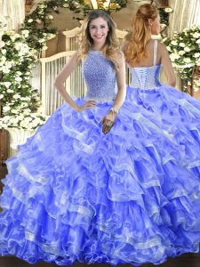 Blue Organza Lace Up High-neck Sleeveless Floor Length Quinceanera Gowns Beading and Ruffled Layers
