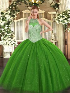 Stylish Green Quince Ball Gowns Military Ball and Sweet 16 and Quinceanera with Beading Halter Top Sleeveless Lace Up