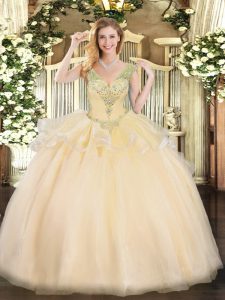 Customized Sleeveless Tulle Floor Length Lace Up Sweet 16 Dresses in Champagne with Beading
