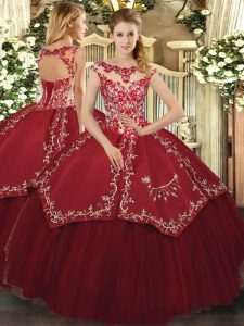 Flare Wine Red Scoop Lace Up Beading and Appliques and Embroidery Ball Gown Prom Dress Cap Sleeves