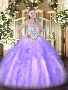 Attractive Scoop Sleeveless Tulle Quince Ball Gowns Beading and Ruffles Zipper