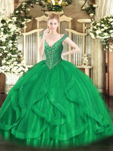 Simple Green Sleeveless Floor Length Beading and Ruffles Lace Up 15th Birthday Dress
