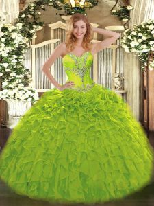 Perfect Floor Length Olive Green Quinceanera Gown Organza Sleeveless Beading and Ruffles