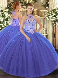 Flare Tulle Halter Top Sleeveless Lace Up Embroidery Quinceanera Dress in Blue