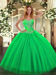 Flirting Green Ball Gowns Beading Ball Gown Prom Dress Lace Up Tulle and Sequined Sleeveless Floor Length