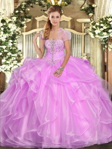 Free and Easy Organza Strapless Sleeveless Lace Up Appliques and Ruffles Quince Ball Gowns in Lilac