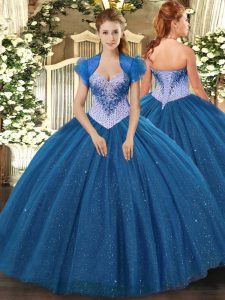 Sleeveless Tulle Floor Length Lace Up Sweet 16 Dresses in Navy Blue with Beading and Sequins