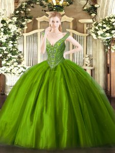 Customized Tulle V-neck Sleeveless Lace Up Beading Sweet 16 Dress in Green