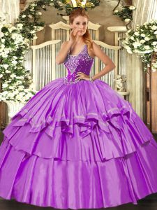 Top Selling Lilac Organza and Taffeta Lace Up Quinceanera Dress Sleeveless Floor Length Beading and Ruffled Layers