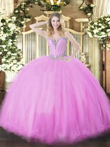 Glorious Lilac Sleeveless Floor Length Beading Lace Up Quinceanera Gowns