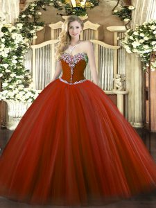 Spectacular Sleeveless Floor Length Beading Lace Up Sweet 16 Quinceanera Dress with Rust Red