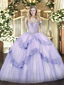 Glorious Tulle Sweetheart Sleeveless Lace Up Beading and Appliques Quinceanera Gown in Lavender