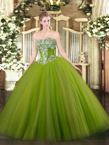 Strapless Sleeveless Ball Gown Prom Dress Floor Length Beading Olive Green Tulle