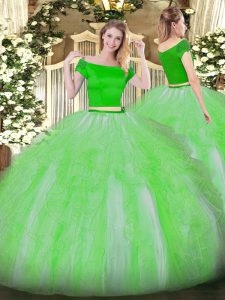 Fantastic Short Sleeves Floor Length Appliques and Ruffles Zipper Party Dress for Girls with Green