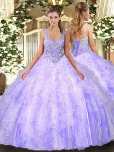 Dynamic Lavender Sleeveless Floor Length Beading and Ruffles Lace Up Sweet 16 Quinceanera Dress
